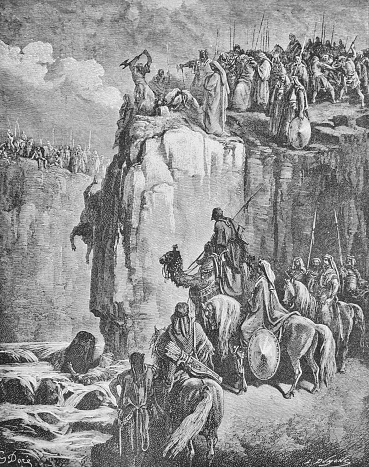 Elijah kills the prophets of Baal in the old book The Bible in Pictures, by G. Doreh, 1897