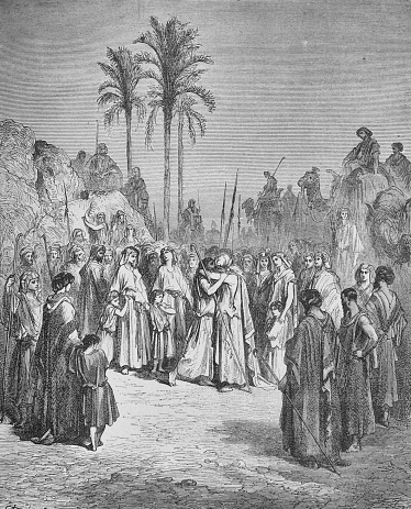 Jacob's reconciliation with his brother Esau in the old book The Bible in Pictures, by G. Doreh, 1897