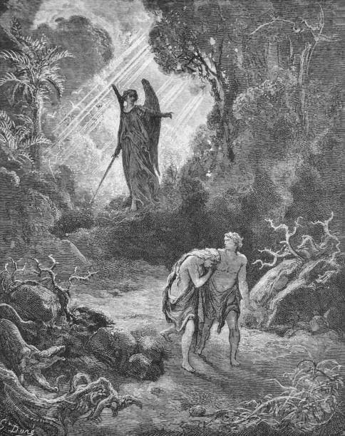 Photo of Expulsion of Adam and Eve from Paradise in the old book The Bible in Pictures, by G. Doreh, 1897