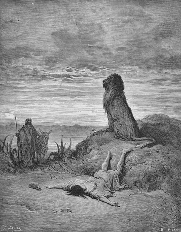 The Prophet killed by the lion in the old book The Bible in Pictures, by G. Doreh, 1897