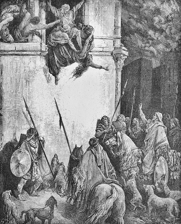 Jehu throws Jezebel out the window in the old book The Bible in Pictures, by G. Doreh, 1897