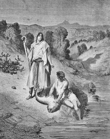 Tovia and Angel in the old book The Bible in Pictures, by G. Doreh, 1897