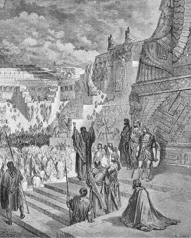 Artaxerxes agrees to free the Israelites in the old book The Bible in Pictures, by G. Doreh, 1897