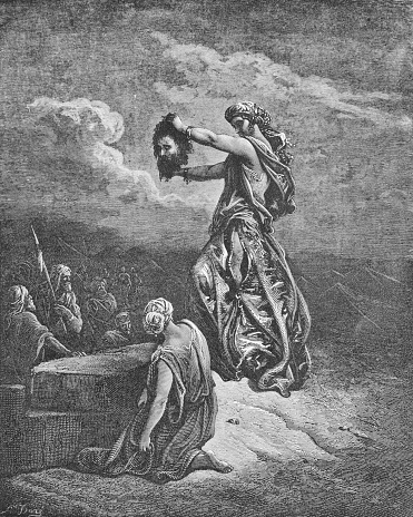 Judith showing the head of Holofernes in the old book The Bible in Pictures, by G. Doreh, 1897
