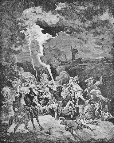 Elijah destroys with fire the soldiers sent by Ahaziah in the old book The Bible in Pictures, by G. Doreh, 1897