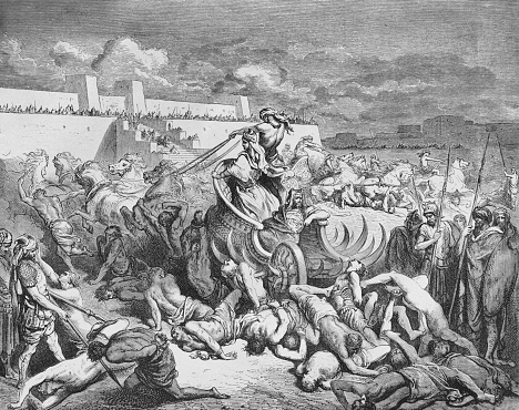 David at war in the old book The Bible in Pictures, by G. Doreh, 1897