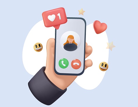 3D Video call concept. Video call with loved one. Male hand holding smartphone with girlfriend on screen. Finger touch screen. Vector 3D cartoon illustration for web sites and banners design