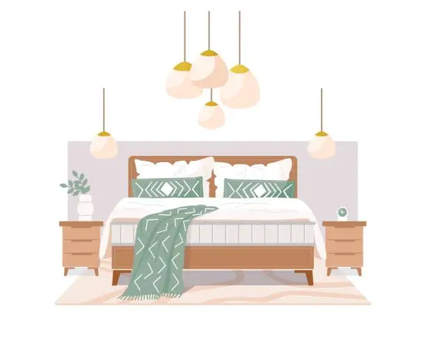 Vector illustration of Large double wooden bed on legs with high mattress, bedside tables, carpet, ceiling lamp. Classic bedroom interior for parents.