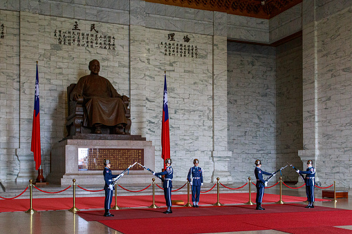 Taipei, Taiwan - January 08, 2015: Changing of guards ceremony inside Chiang Kai-Shek memorial hall.