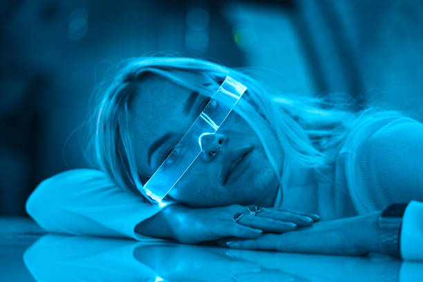 istock Young woman puts on neon 3d virtual reality glasses. 1509671905