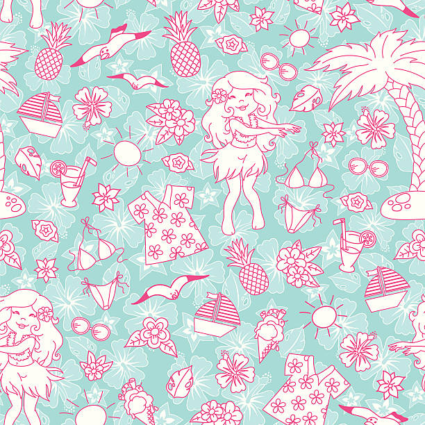tropical patterns seamless pattern with tropical doodles drawing of the hawaii islands stock illustrations