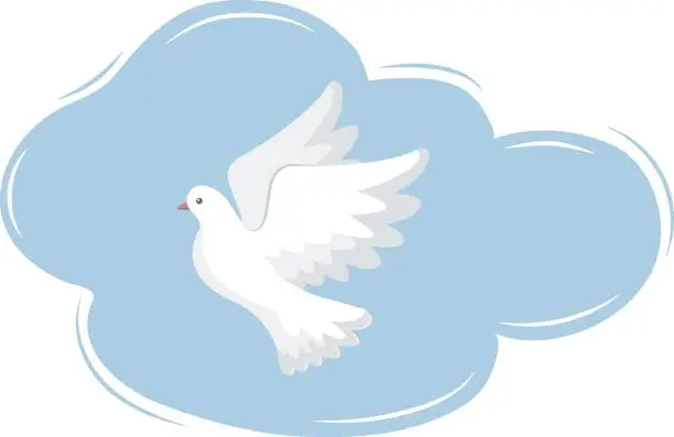 Vector illustration of A flying dove on a background of a cloud. A symbol of peace, the holy spirit. Vector graphics