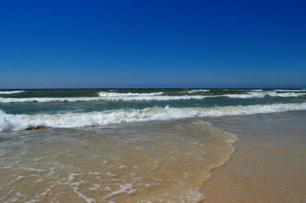 les vagues de la mer baignent la plage contre un ciel bleu. paysage sur une plage sauvage. la mer en été. - prop wash photos et images de collection