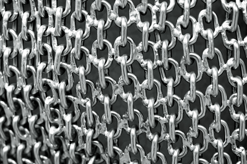 Closeup chain link, abstract background with copy space, full frame horizontal composition