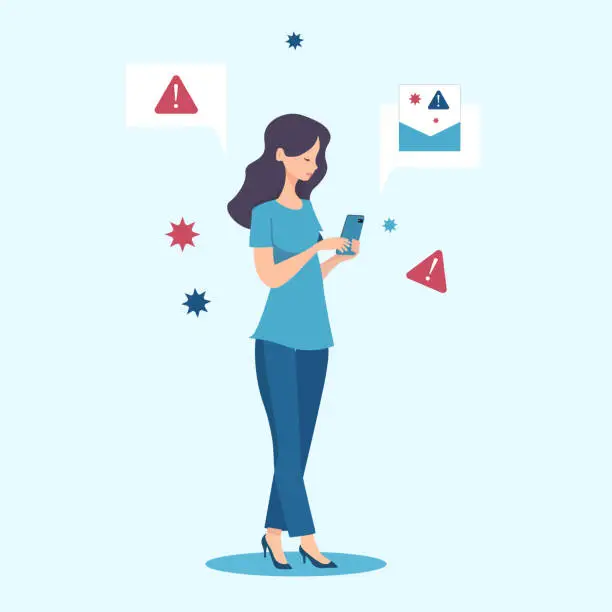 Vector illustration of girl holding the phone got spammed