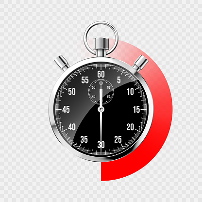 Realistic classic stopwatch. Shiny metal chronometer, black time counter with dial. Red countdown timer showing minutes and seconds. Time measurement for sport, start and finish. Vector illustration.