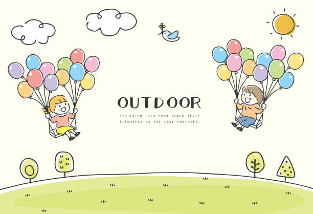 Illustration of children flying in the sky with balloons. Illustration of children flying in the sky with balloons. preschool building stock illustrations