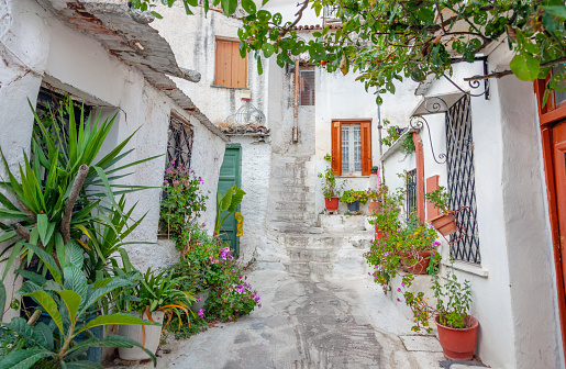 The narrow streets of Anafiotika, a village in Athens