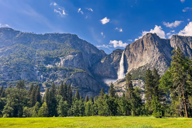 istock Yosemite meadow panorama with green grass and powerful waterfall 1509916350