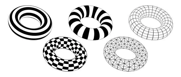 Vector illustration of Set of torus with different patterns. Wireframe circle object with lines, dots, squares. 3d grid circular forms. Checkered, striped, wired tore element collection. Vector Illustration pack