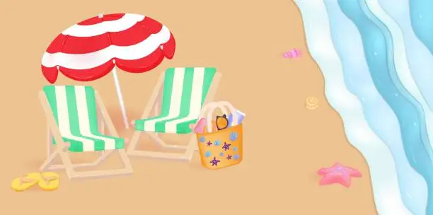 Vector illustration of Dream resort banner in 3d realistic style with two beach chair and umbrella. Vector illustration