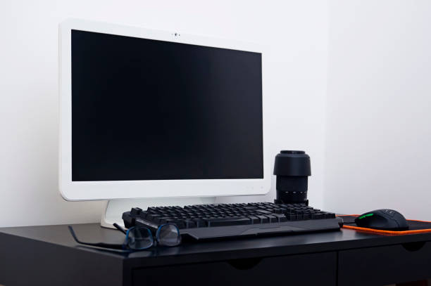 istock Home office with desk, computer, keyboard, in minimalist style 1509959138