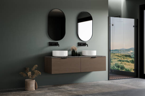 istock Modern bathroom interior in minimal scandinavian style with vanity, double sink, bathtub and shower. 3d Rendering 1509969011