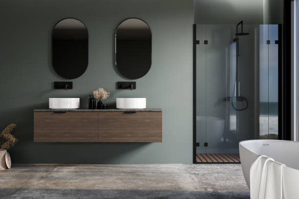 istock Modern bathroom interior in minimal scandinavian style with vanity, double sink, bathtub and shower. 3d Rendering 1509977956