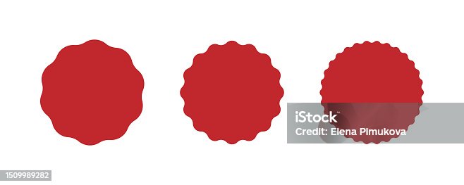istock Wavy edge circle sticker. Star burst shape tags for price. Blank sale round sticker. Empty promo badge. Simple circle red wax seal. Vector illustrations set isolated on white background 1509989282