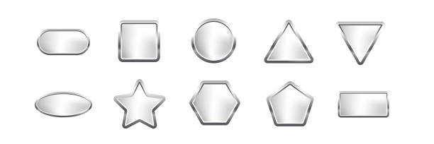 ilustrações de stock, clip art, desenhos animados e ícones de silver buttons of different geometric shapes with frames and shine light effect vector illustration set. steel oval square circle triangle star hexagon pentagon rectangle isolated on white background - shape rectangle chrome interface icons