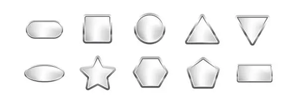 Vector illustration of Silver buttons of different geometric shapes with frames and shine light effect vector illustration set. Steel oval square circle triangle star hexagon pentagon rectangle isolated on white background
