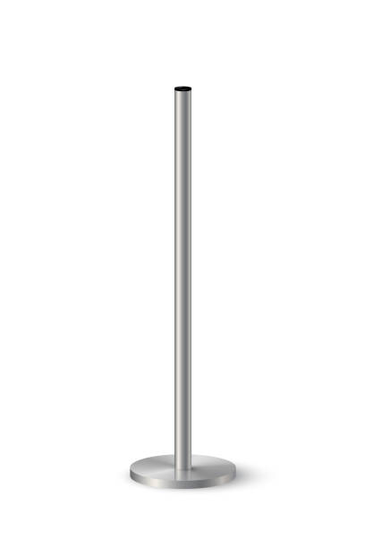 istock 3d metal pole signpost on base vector illustration. Realistic grey steel, iron or chrome pillar with polished surface, vertical different diameter cylinder pipe holders for board or flag 1509995599