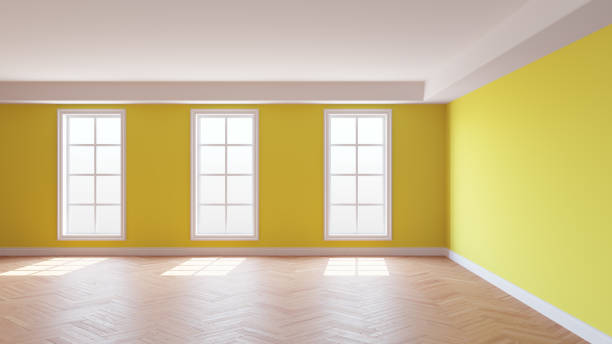 istock Yellow Room with a White Ceiling and Cornice, Glossy Herringbone Parquet 1509995609