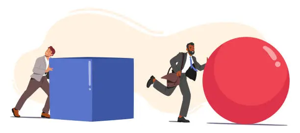 Vector illustration of Businessmen Characters Pushing Large Ball And Cube Figures Represent The Concept Of Gaining An Advantage In Business