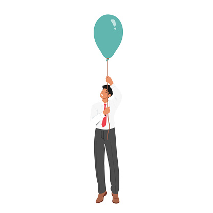 Adventurous Businessman Character Soaring Above The Clouds On A Colorful Balloon, Defying Gravity And Embracing The Spirit Of Innovation And Risk-taking. Cartoon People Vector Illustration