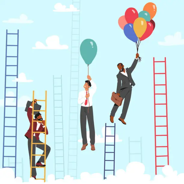 Vector illustration of Concept Depicts Male Characters Climbing A Ladder And Soar On Balloons To Gain A Business Advantage, Vector Illustration