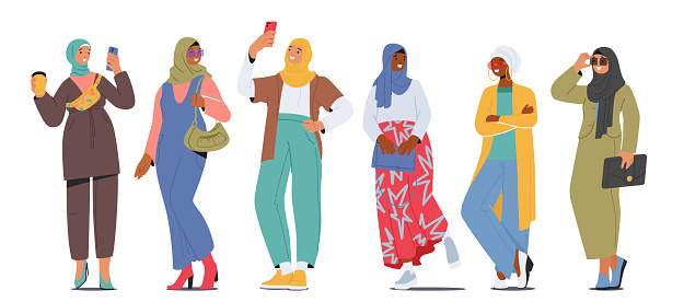 Empowered, Independent, And Fashion-forward, Modern Muslim Women Characters Confidently Embrace Their Faith While Embracing Contemporary Trends And Breaking Stereotypes. Cartoon Vector Illustration