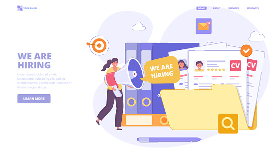 Recruitment, search employees online, hiring process, human resource management. Flat design concept with characters for landing page. Vector illustration for website, landing page, banner.