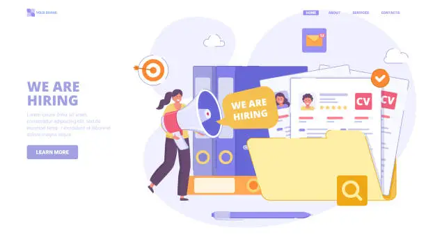 Vector illustration of Recruitment, search employees online, hiring process, human resource management. Flat design concept with characters for landing page. Vector illustration for website, landing page, banner.