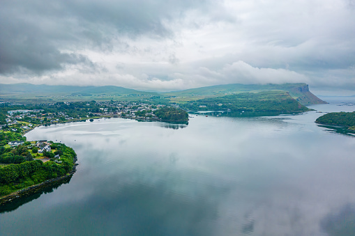 Aerial drone photo of Isle of Skye and village of Portree.