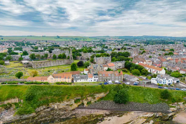 Drone view of St. Andrews, Fife Scotland.