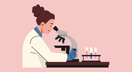 Female Doctor Examining Breast Cancer Cells under Microscope with Test Tube in Research Laboratory, Vector Flat Illustration Design