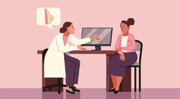 Vector illustration of Female Oncologist Providing Diagnosis for Breast Cancer to Patient