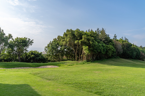 A view of the green from the fairway on a beautiful day.