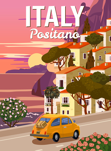 Retro Poster Italy, Positano resort, Amalfi coast. Road retro car, mediterranean romantic landscape, mountains, seaside town, sailboat, sea. Retro travel poster, postcard vector illustration isolated