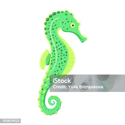 istock Bright green seahorse. Tropical underwater animal. Vector illustration of hippocampus isolated on white background 1510079122