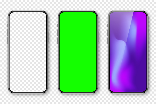 Smartphone with blank touch screen and abstract colorful wallpaper, green chroma key background. Frameless mobile phone in front view. High quality detailed device mockup. Vector illustration.