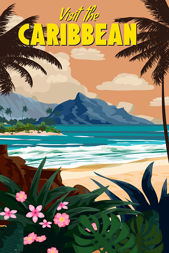 Caribbean Travel poster tropical resort vintage. Beach coast, palms, ocean, sutf. Paradise resort, retro style illustration vector postcard