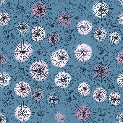 Blue botanical pattern with dandelions in retro style