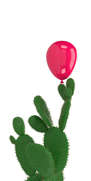 Danger, fragility or protection concept: Floating colored balloon flying over cactus plant on blank background, copy space and clipping path. Sparse 3d rendering illustration design template.